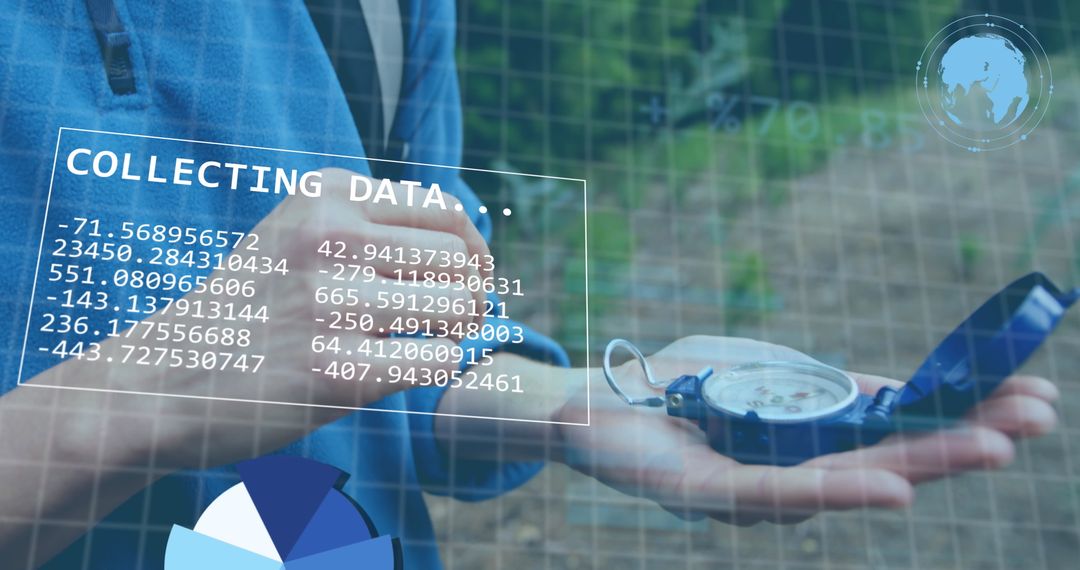Woman Analyzing Data with Compass and Digital Overlay