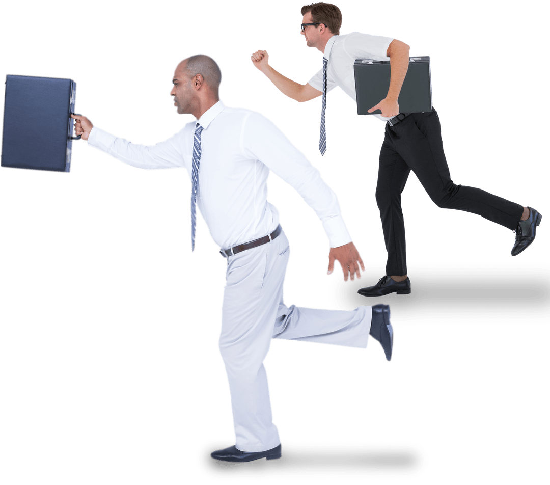 Diverse Businessmen Running with Briefcases on Transparent Background