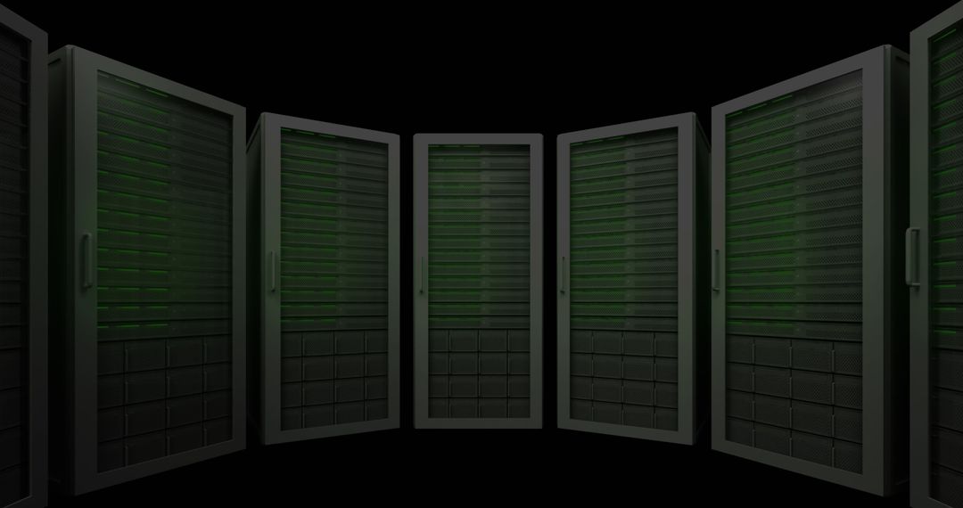 Row of High-Tech Black and Green Server Racks in Dark Room