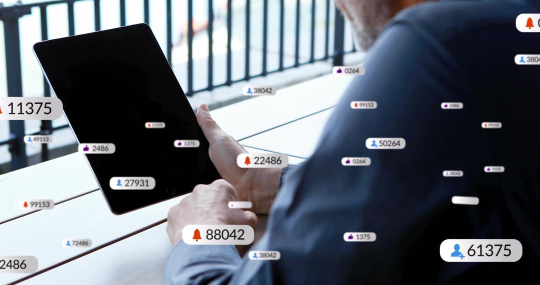 Man Tapping Tablet on Balcony with Floating Notification Badges, Social Media Interface