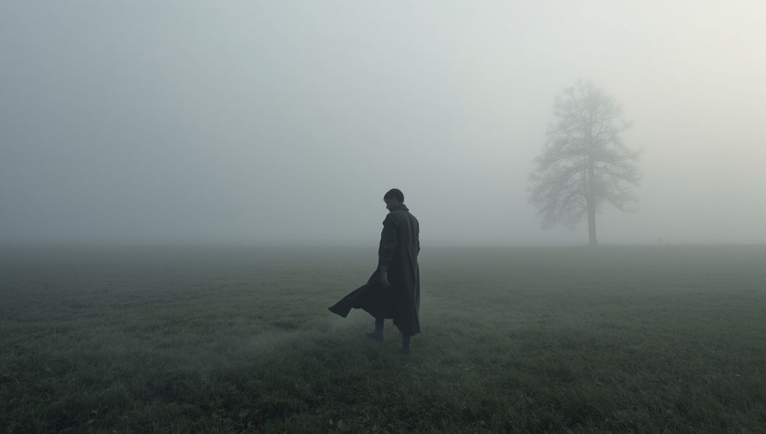 Solitary Figure Walking through Foggy Landscape with Lone Tree