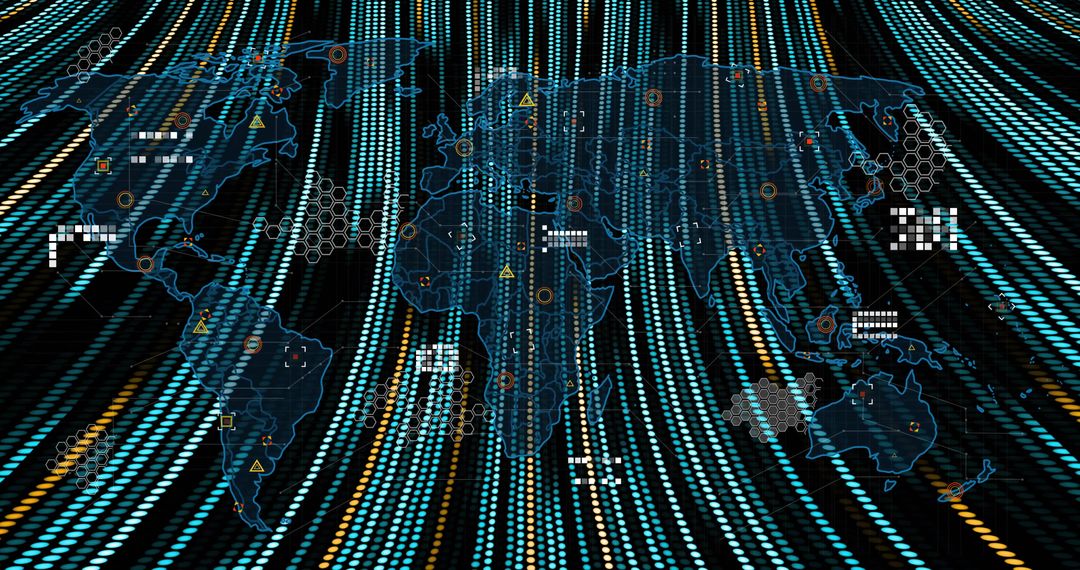 Translucent Global Map Displaying Flowing Data Streams and Hexagon Network Interface