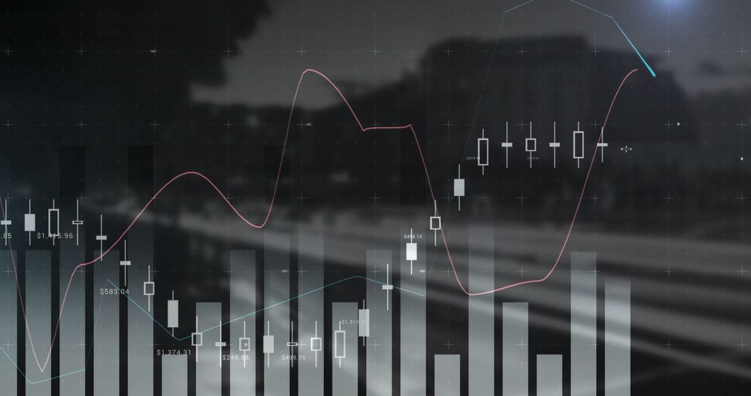 Candlestick Charts with Moving Averages over Cityscape