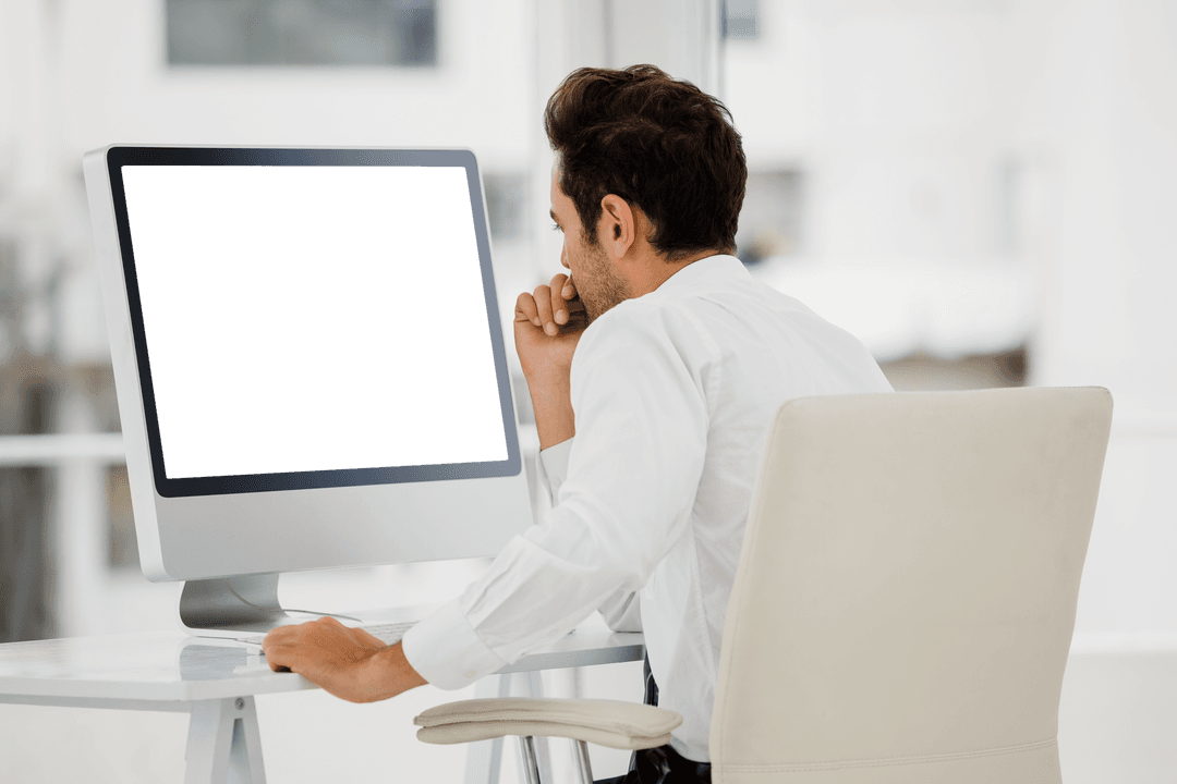 Transparent Monitor with Back View of Businessman in Office Setting