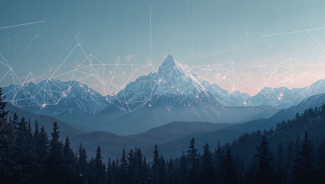 Snow-Capped Peak Rising Over Alpine Ridges with Glowing Geometric Network Overlay at Dawn