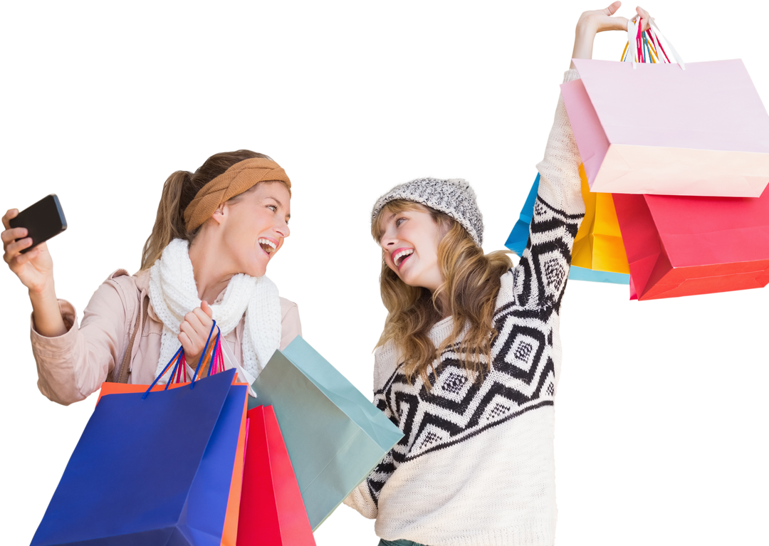 Happy Caucasian Women Shopping with Bags on Transparent Background - Download Free Stock Images Pikwizard.com