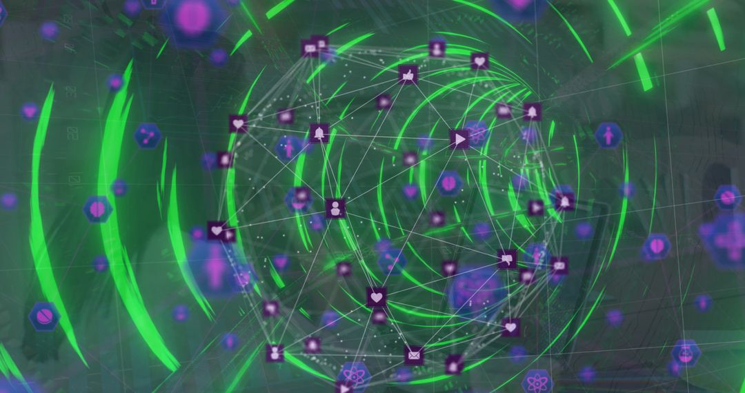 Image of network of connections with icons over abstract neon shapes and businesswoman in office - Free Images, Stock Photos and Pictures on Pikwizard.com