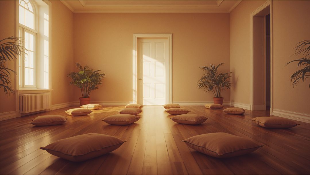 Serene Meditation Studio with Cushions and Palms