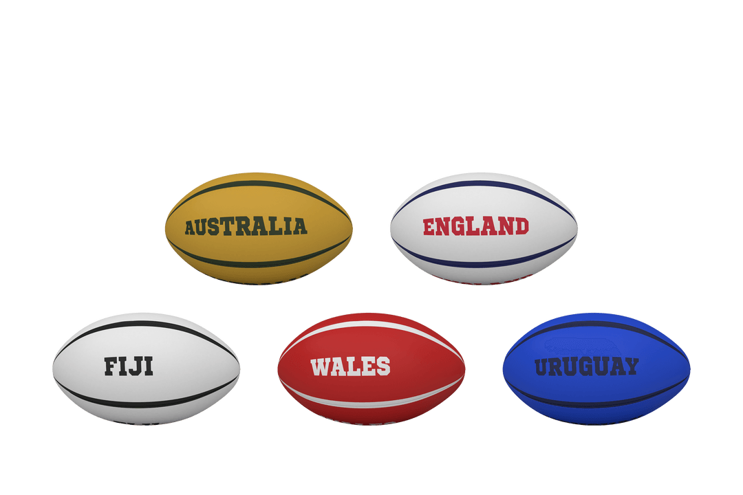 Set of Rugby Balls Featuring Country Names on Transparent Background