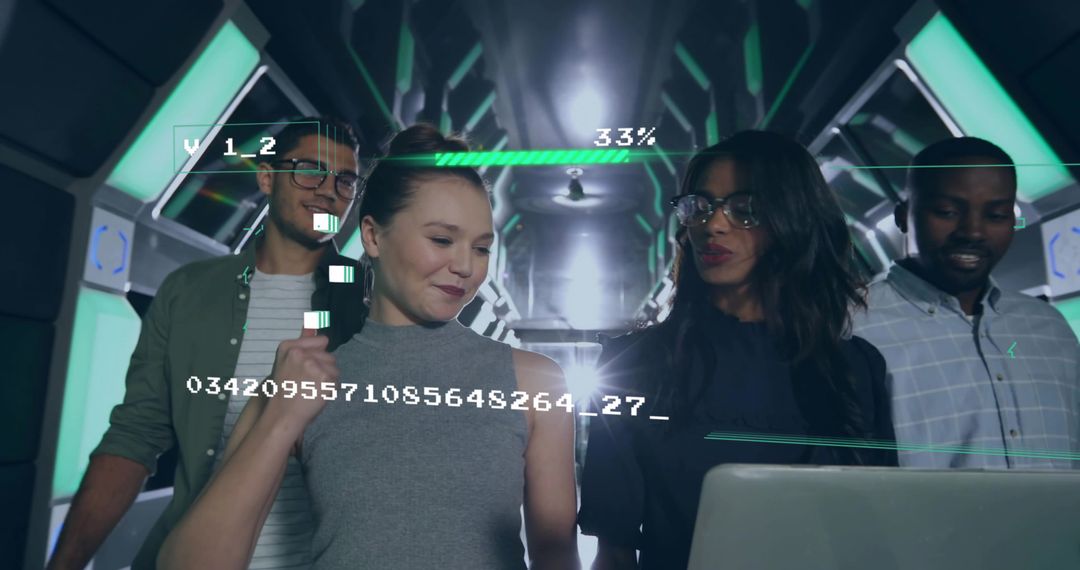 Team Collaborating with AR HUD on Laptop in Futuristic Corridor Showing 33% Progress