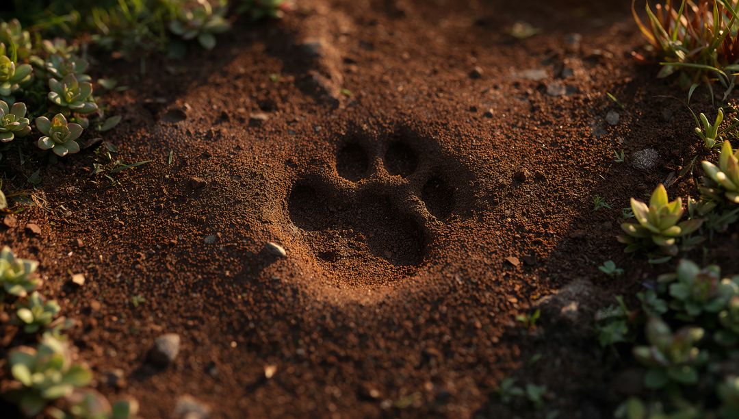 Canine Paw Print Pressed into Red Soil with Succulents Close-Up Golden Hour Texture Macro
