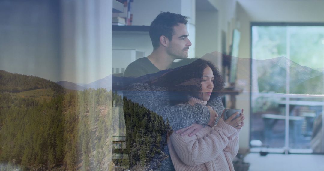 Couple Embracing by Balcony with Mountain Overlap
