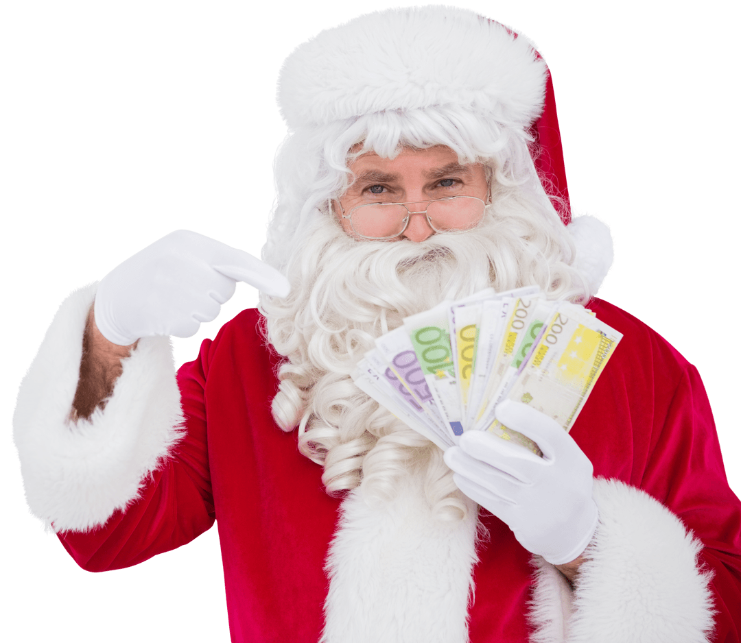 Santa Claus Joyfully Holding Money Transparent Background