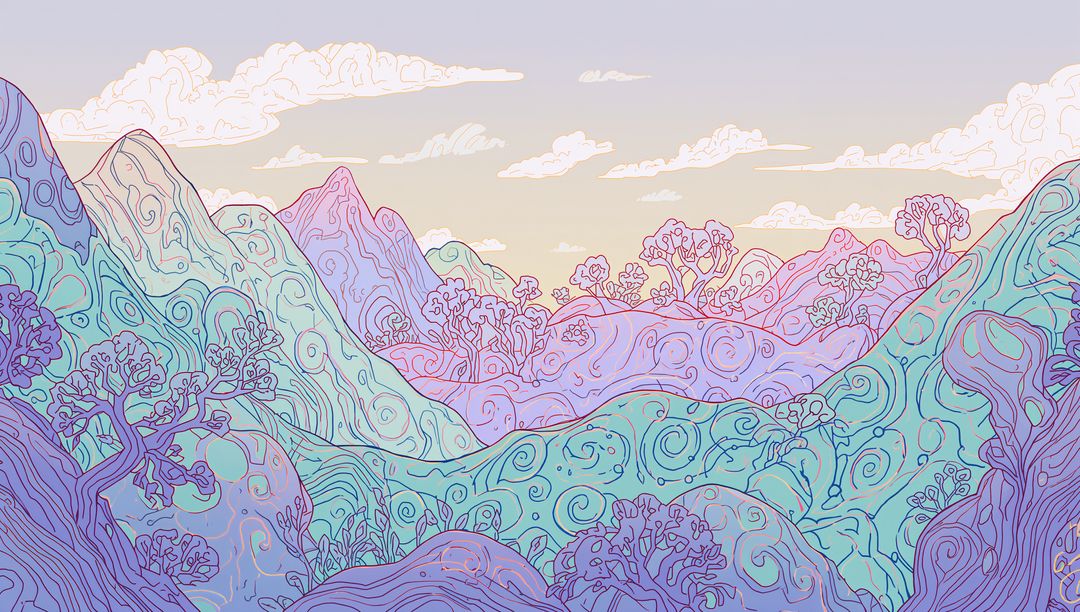 Whimsical Pastel Dreamscape with Stylized Mountains and Trees