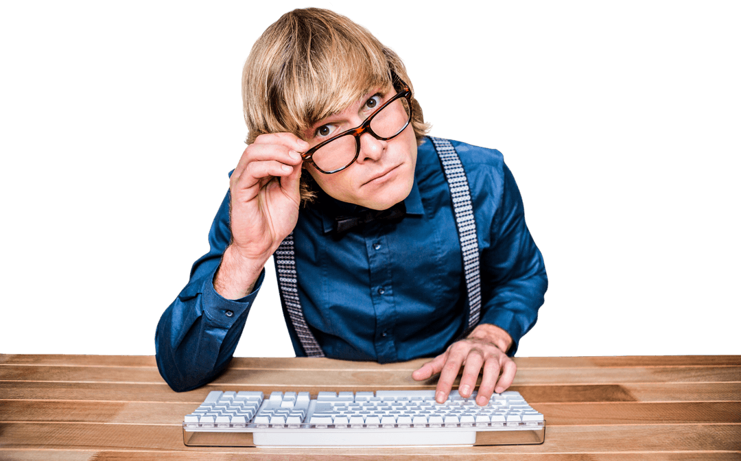 Curious Hipster Businessman Peering Over Glasses with Keyboard on Transparent Black