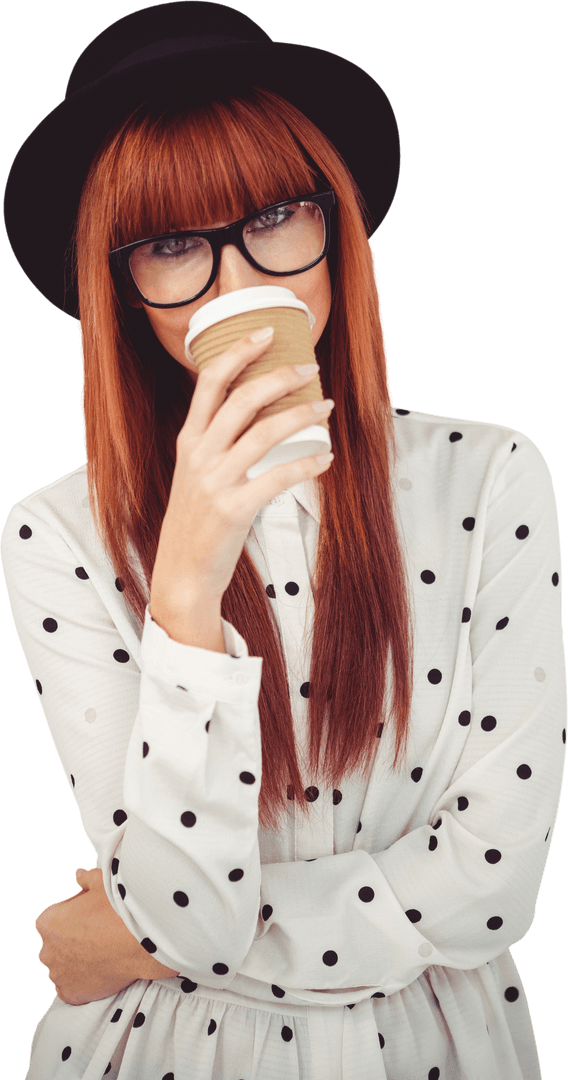Stylish Hipster Woman Drinking Coffee on Transparent Background