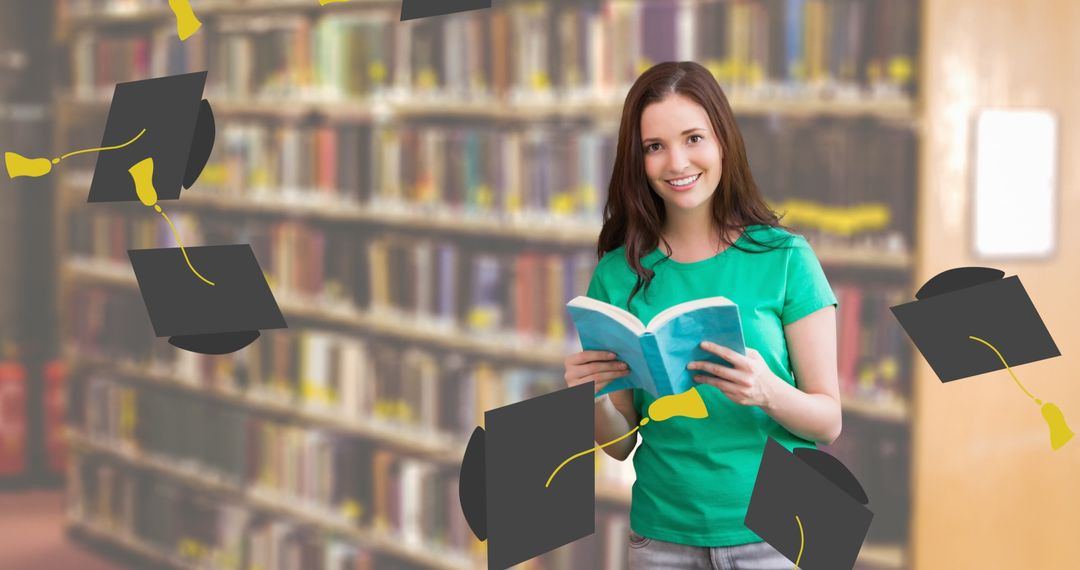 Smiling Student Surrounded by Flying Graduation Caps in Library
