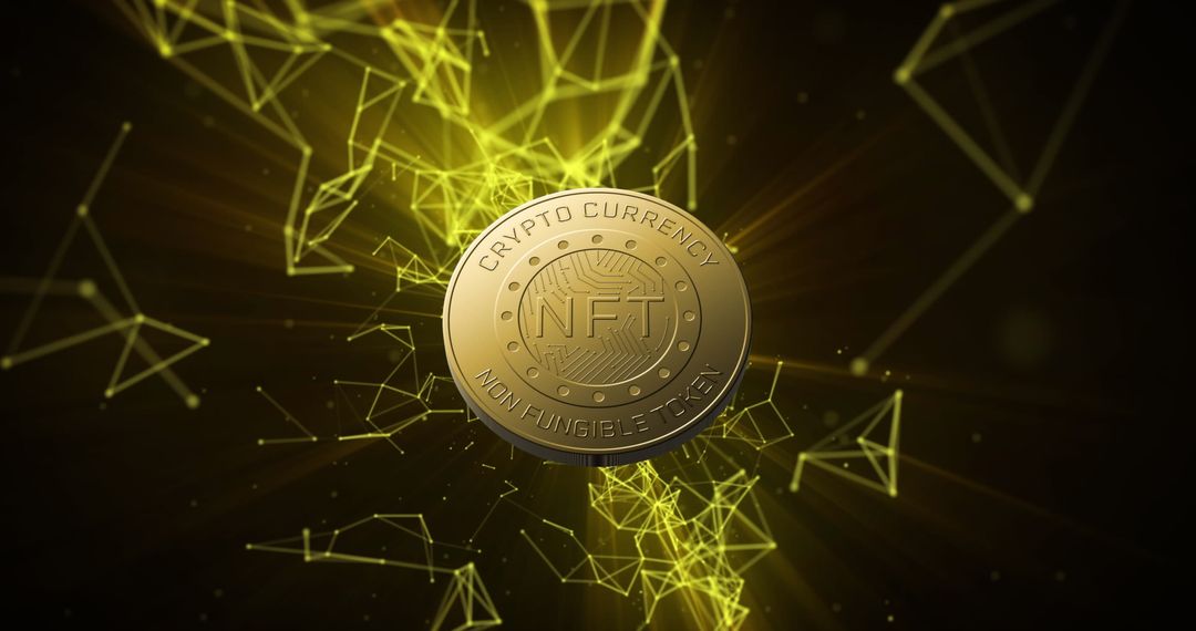 Golden NFT Coin with Digital Network Connections in Dark Background