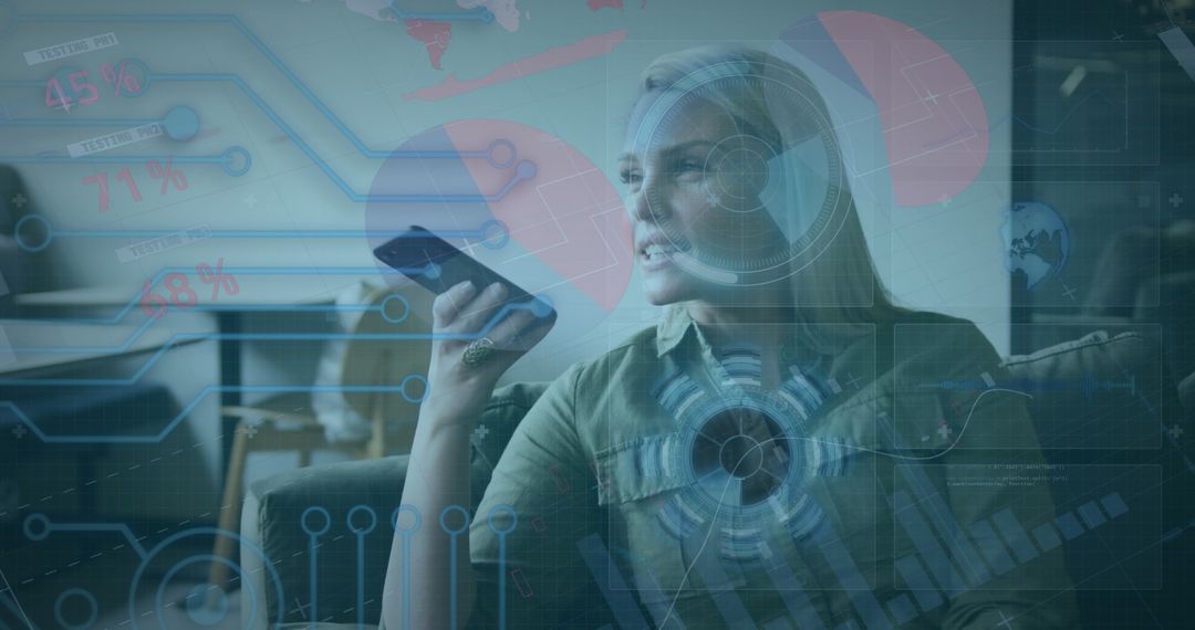 Woman Engaging with Smartphone Surrounded by Data Visualizations