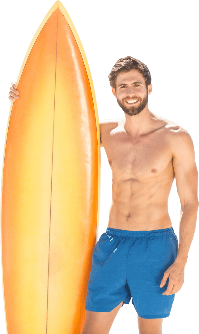 Fit Caucasian Man with Orange Surfboard on Transparent Background