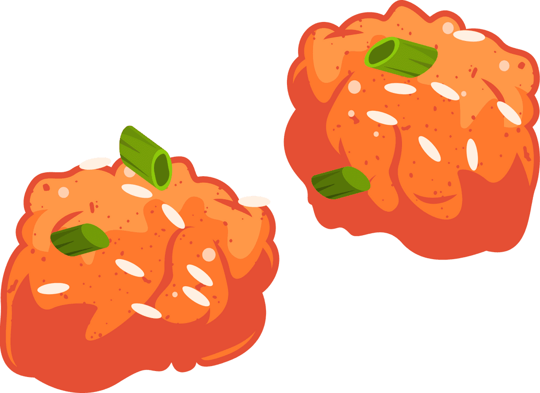 Flat Illustrated Onigiri with Green Onions and Sesame Seeds on Transparent Background