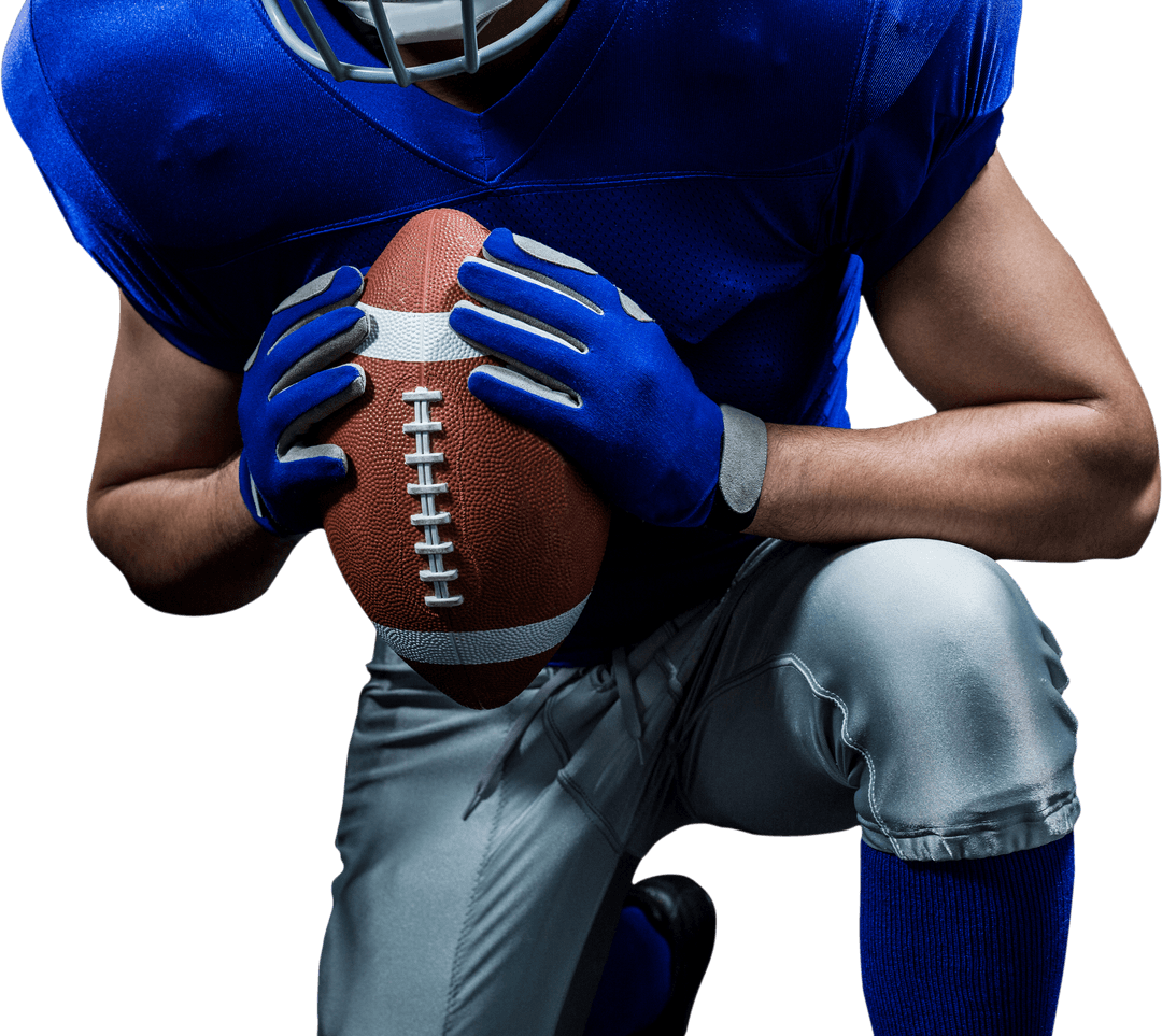 American Football Player Kneeling Holding Ball on Transparent Field