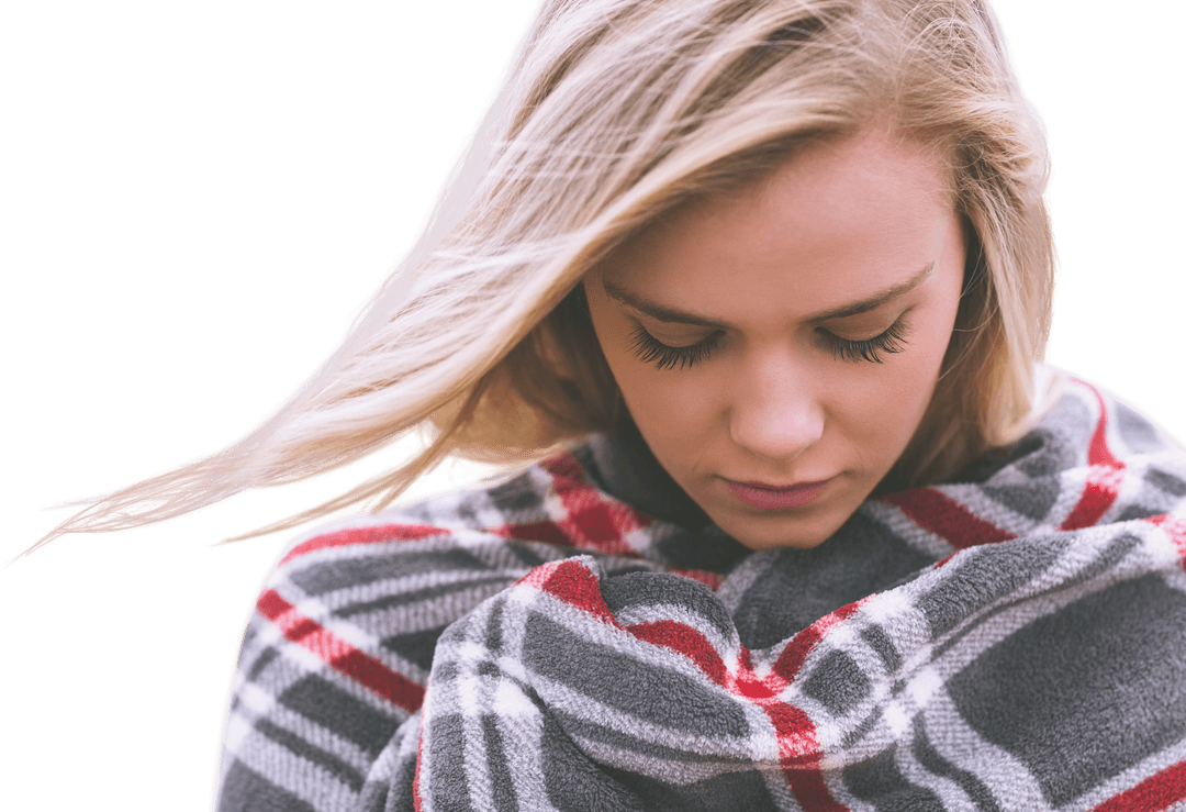 Transparent Image of Sad Woman Wrapped in Plaid Blanket