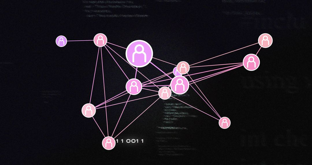 Neon social network graph connecting avatar nodes on dark digital canvas for analytics