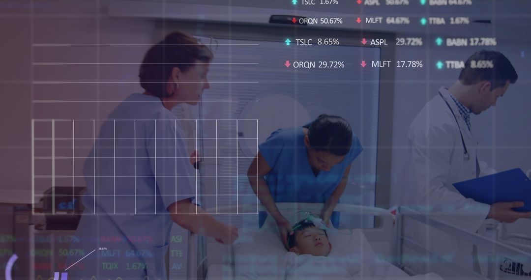 Doctors Analyzing Data with Digital Healthcare Overlay