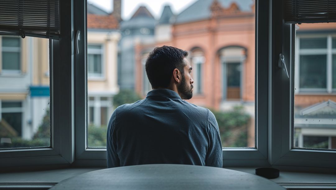 Man Sheltering in Cozy Apartment Gazing Out Large Window