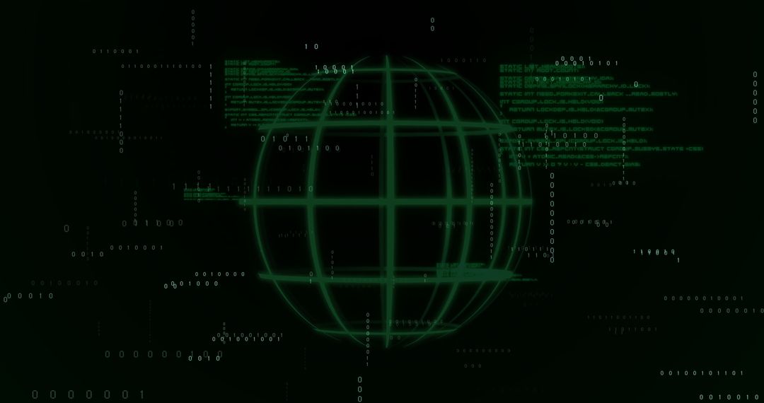 Glowing Green Wireframe Globe with Binary Code Fragments