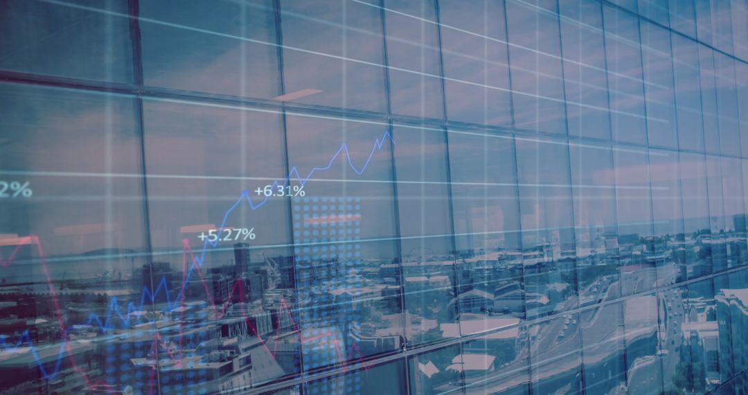 Growth Trajectory: Glass Building Reflections with Financial Graph Overlay