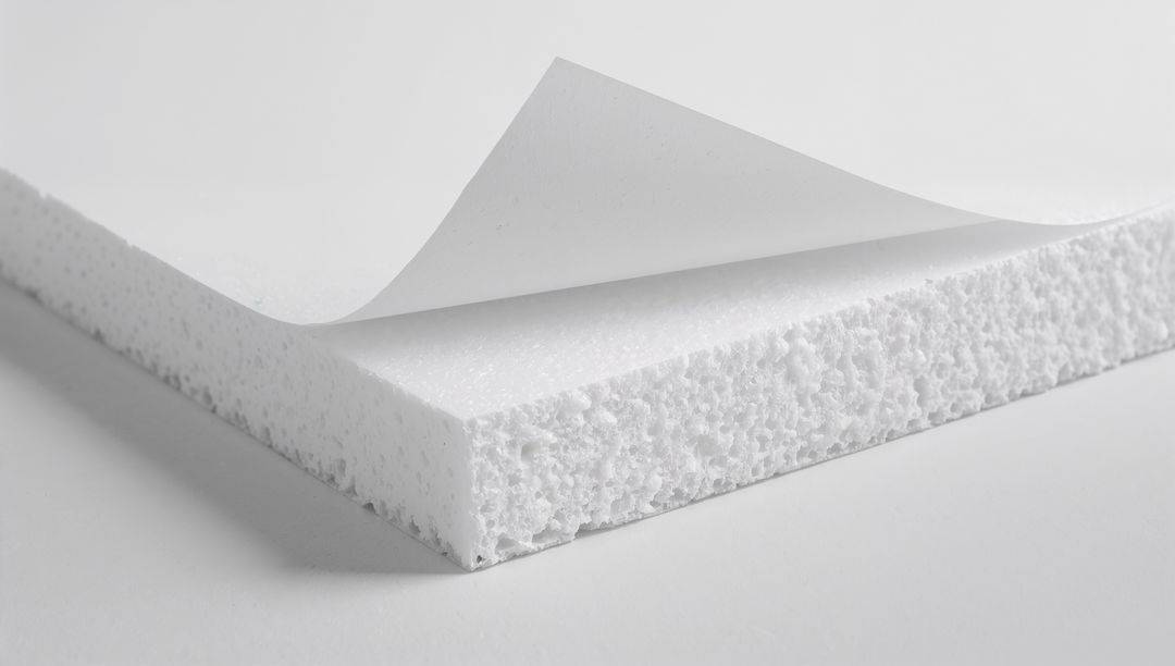 Thick White Foam Board Revealing Textured Polystyrene Core with Removable Liner