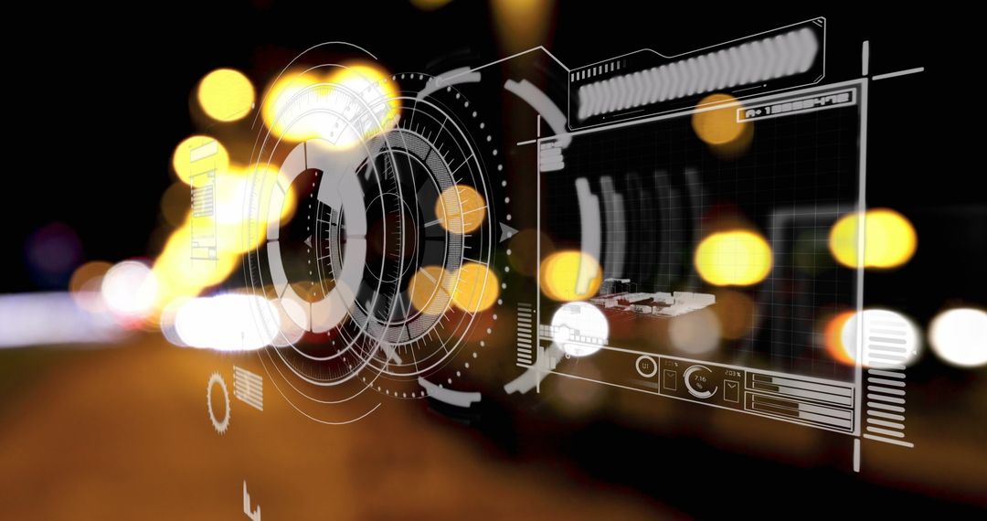 Futuristic Data Interface with Cityscape Background Bokeh Lighting