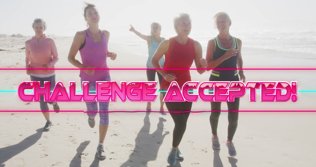 Women Running on Beach with Retro Positive Message Banner