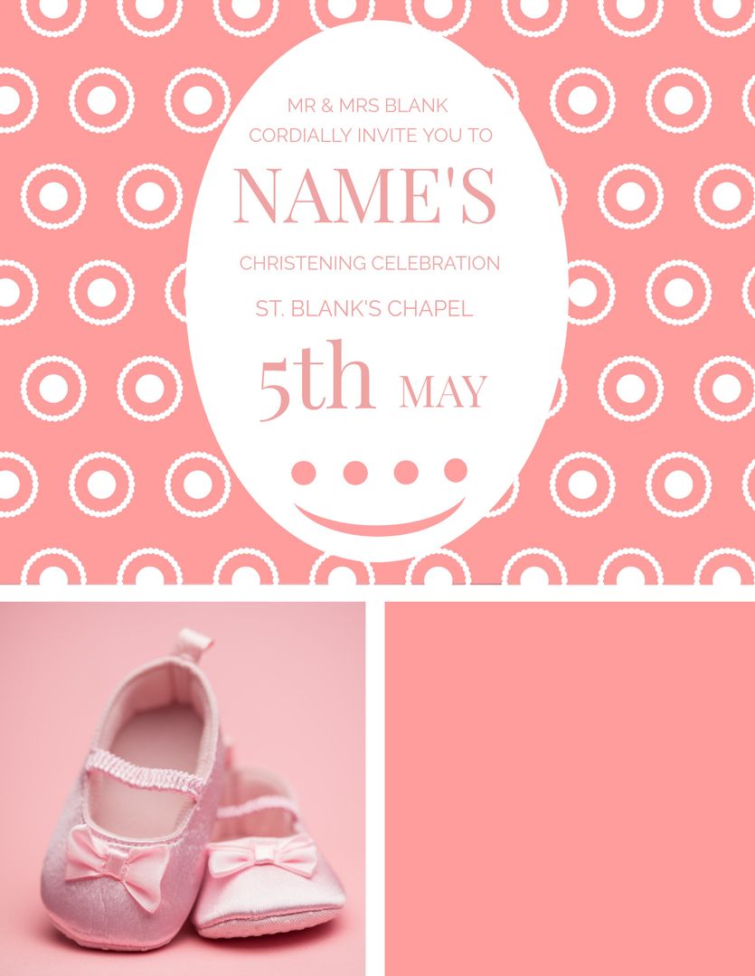 Pink Christening Invitation Template with Baby Shoes and Polka Dots - Download Free Stock Templates Pikwizard.com