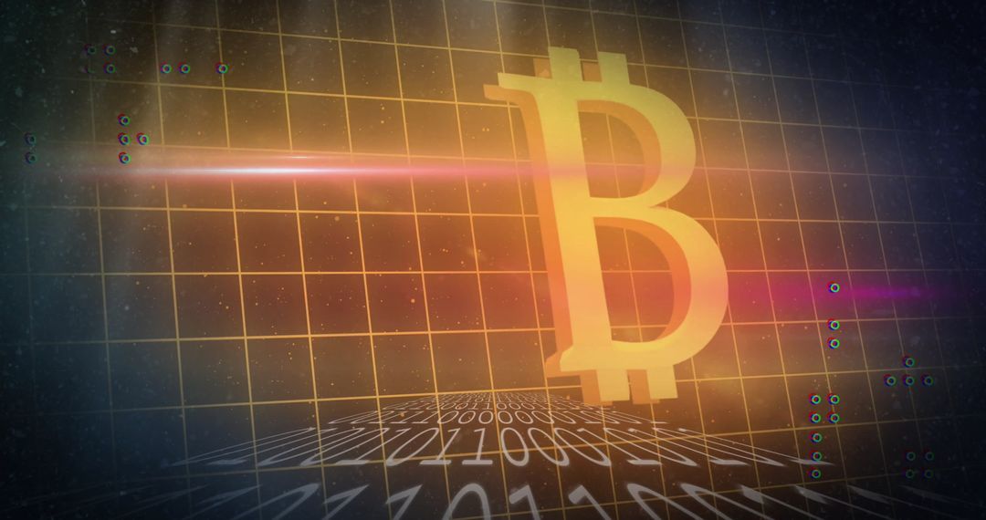 Digital Bitcoin Symbol with Binary Codes and Grid Lines Conveying Cryptocurrency Theme