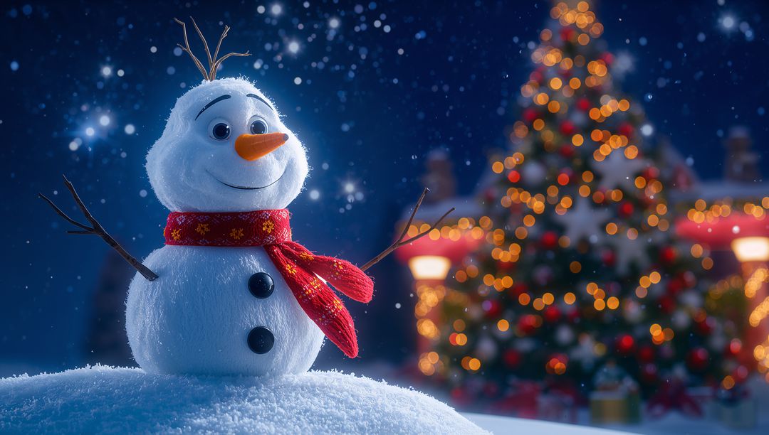 Festive Snowman in Winter Wonderland with Twinkling Lights