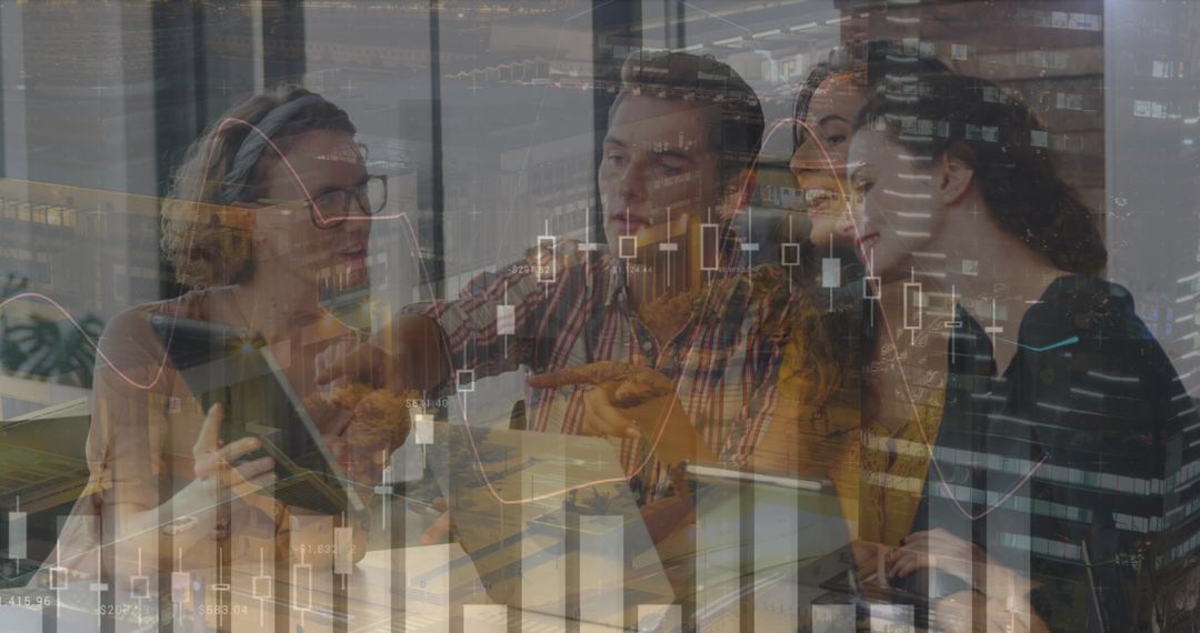 Team Collaborating on Financial Data with Digital Analytics Concept