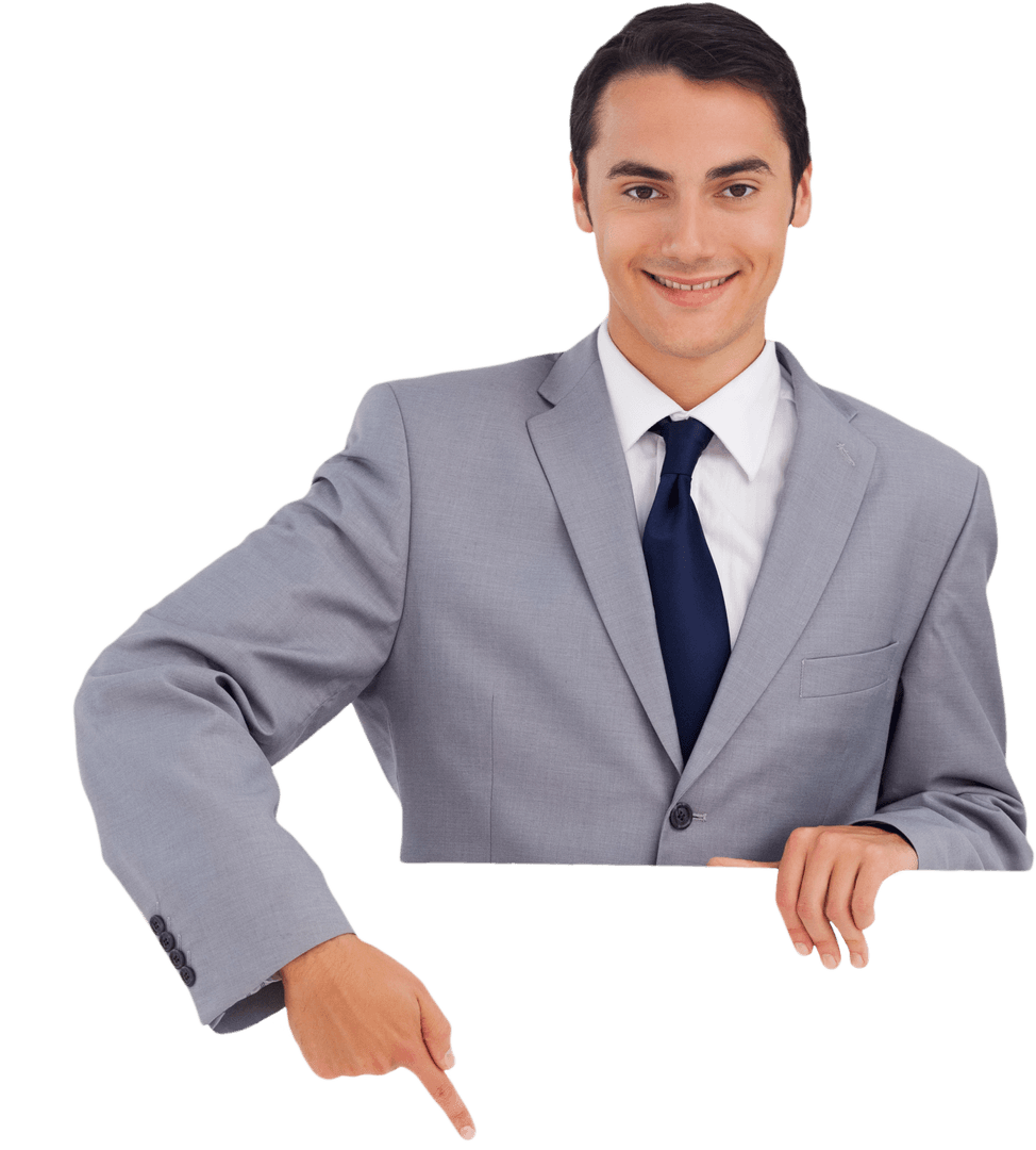 Smiling Businessman Pointing Below on Transparent Card