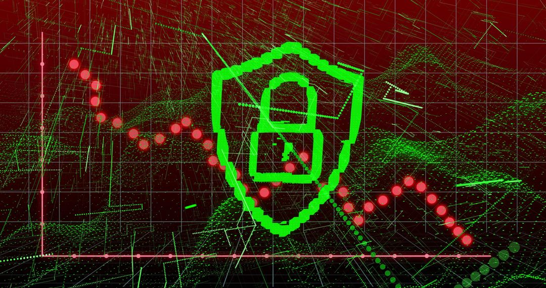 Digital Security Concept with Green Shield and Lock on Data Grid