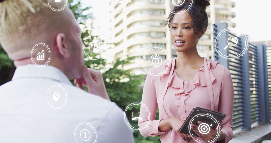 Business Discussion with Data Icons Overlay in Urban Environment