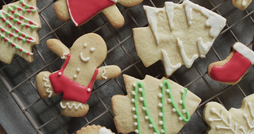 Festive Christmas Cookies on Cooling Rack with Holiday Icing