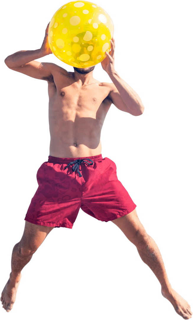 Man Jumping Excitedly with Bright Beach Ball Transparent Background