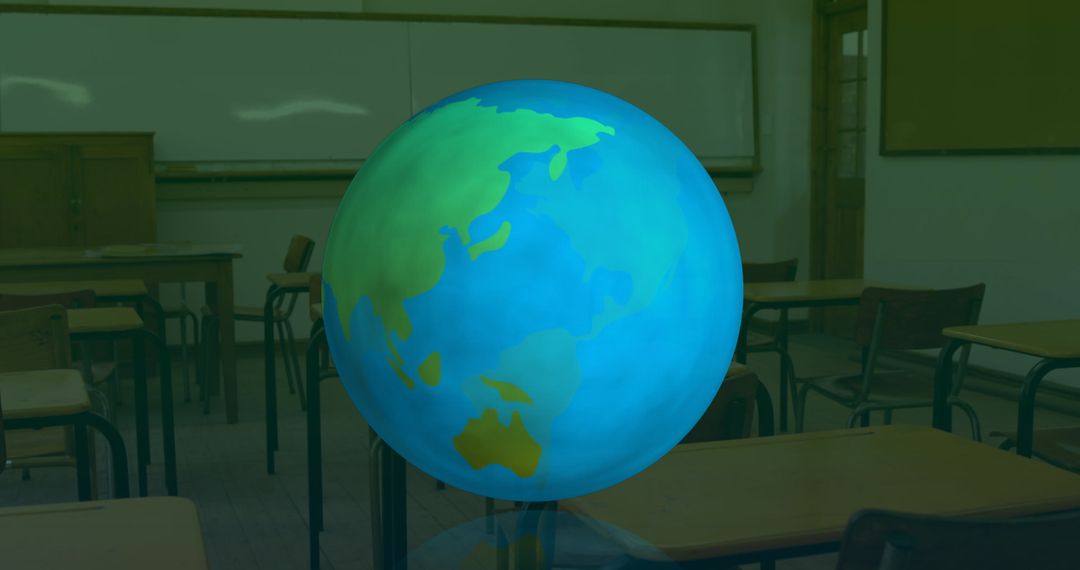 Glowing Globe in Empty Classroom with Digital Overlay