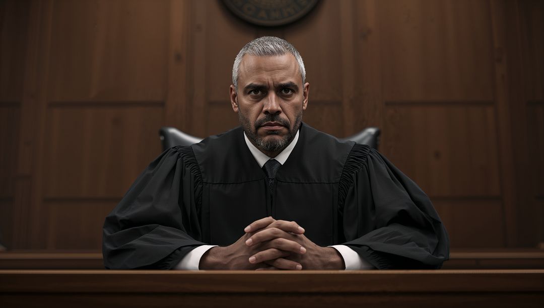 Stern Judge Presiding on Bench Wearing Black Robe in Courtroom, Authoritative Portrait
