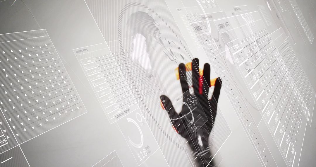 Pressing Gloved Hand Interacting with Futuristic HUD and Colored Fingertip Sensors