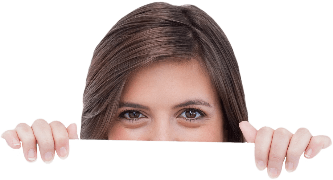 Smiling Woman Poking Above Transparent Surface Holding Card