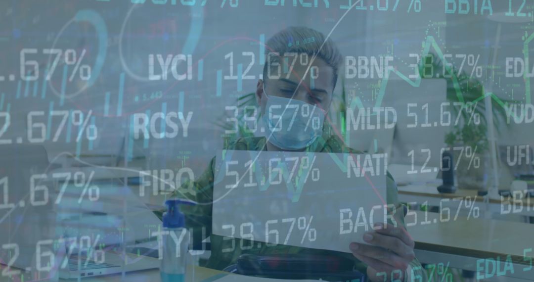 Businessman Analyzing Financial Data with Protective Mask in Office