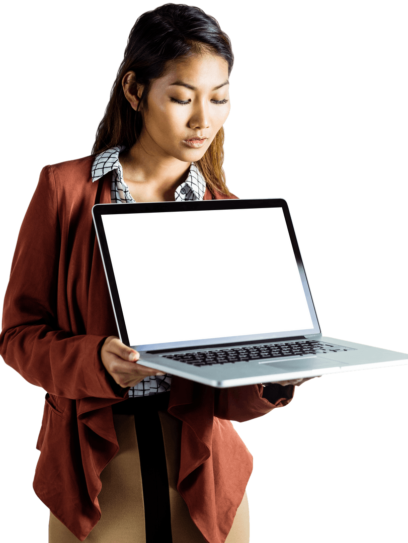 Transparent Background Businesswoman Displaying Laptop Screen